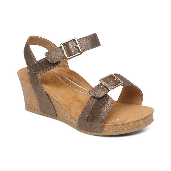 Aetrex Women's Lexa Quarter Strap Wedge Sandals - Bronze | USA KG4NENA